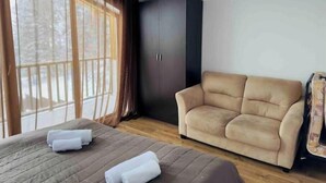Une pièce comprenant un lit, un canapé et une armoire.