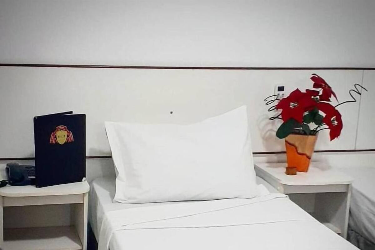 A hotel room with a bed, a nightstand, a small table, a decorative plant, and a blue folder on the nightstand.
