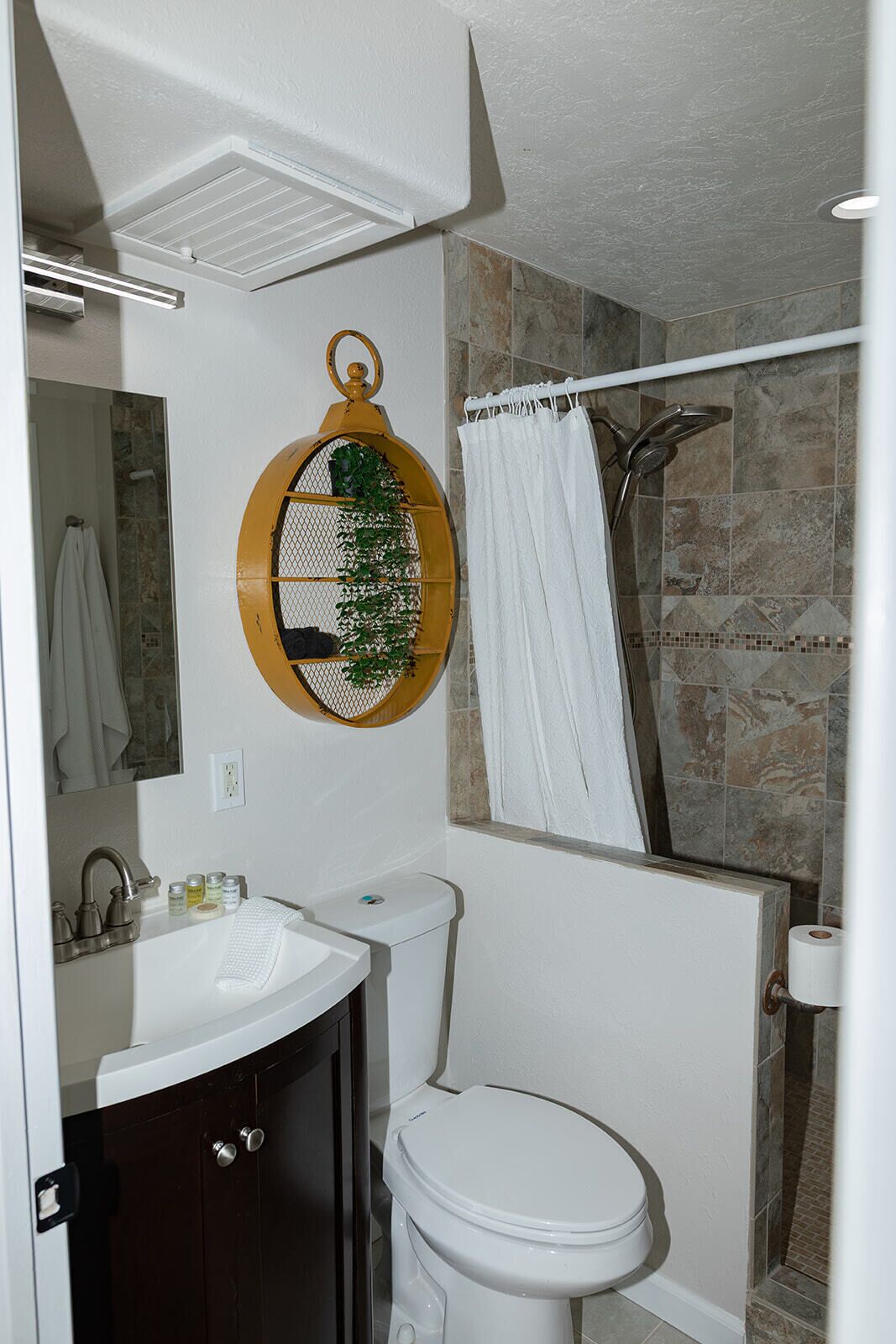 Hair dryer, towels, soap, toilet paper