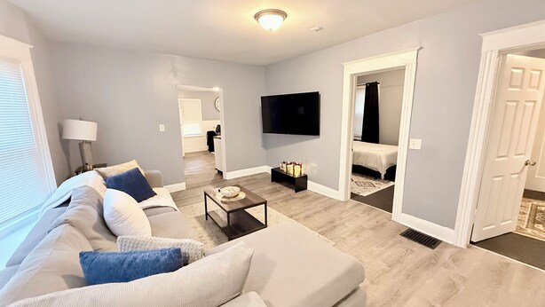 A modern living room with a sofa, a coffee table, and a TV. There is a hallway leading to a bedroom with a bed. - Luxe charming  2-bedroom apartment in Rochester (Rochester)