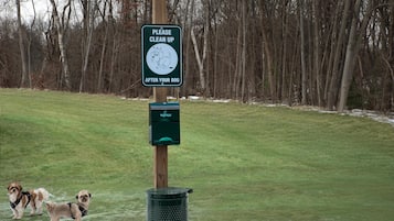 A sign instructing to clean up after dogs, a trash can, and two dogs on a grassy field.