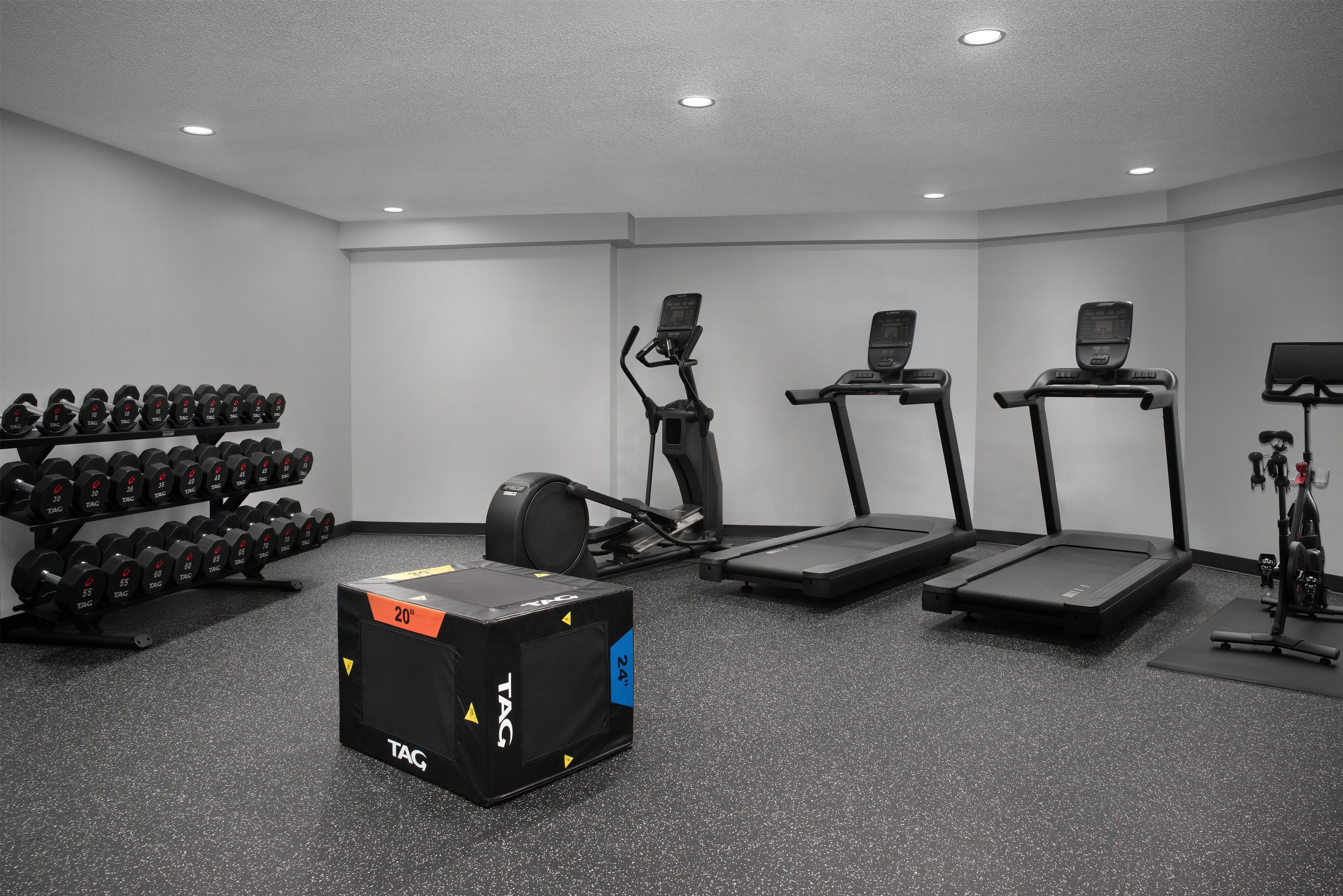 Un gimnasio con mancuernas, una bicicleta estática, cintas de correr y un banco para pesas.