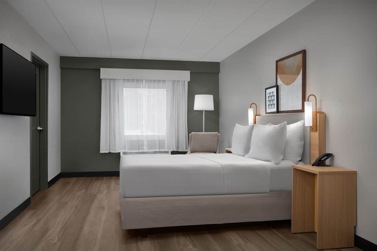Een moderne hotelkamer met een groot bed, een flatscreen televisie, een nachtkastje met een lamp, en een ingelijst schilderij aan de muur.