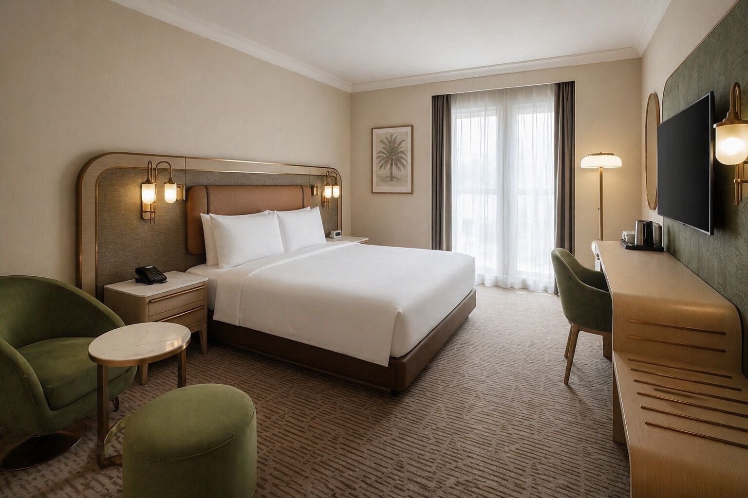 A hotel room with a large bed, a desk, a chair, a nightstand, and a TV.