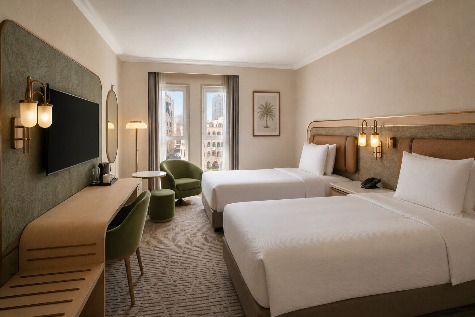 Habitación de hotel con dos camas, un escritorio, una silla, un televisor y vistas a edificios.