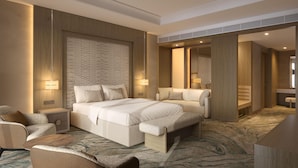 A hotel room with a large bed, bedside tables, a seating area, and a mirror. - The Mangroves Abu Dhabi, LXR Hotels & Resorts (Abu Dhabi)