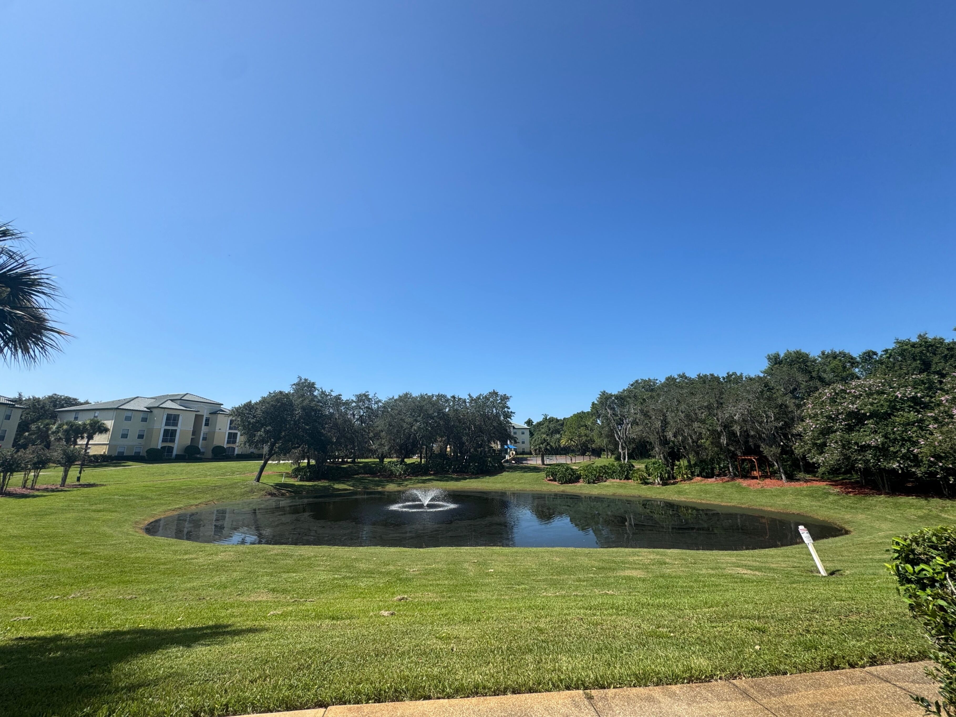 A well-maintained lawn with a central pond and fountain, surrounded by trees and a building in the background.