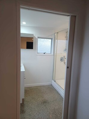 Hair dryer, towels, soap, toilet paper