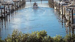 Un port de plaisance avec des bateaux amarrés à des quais en bois, une eau calme et de la verdure au premier plan.
