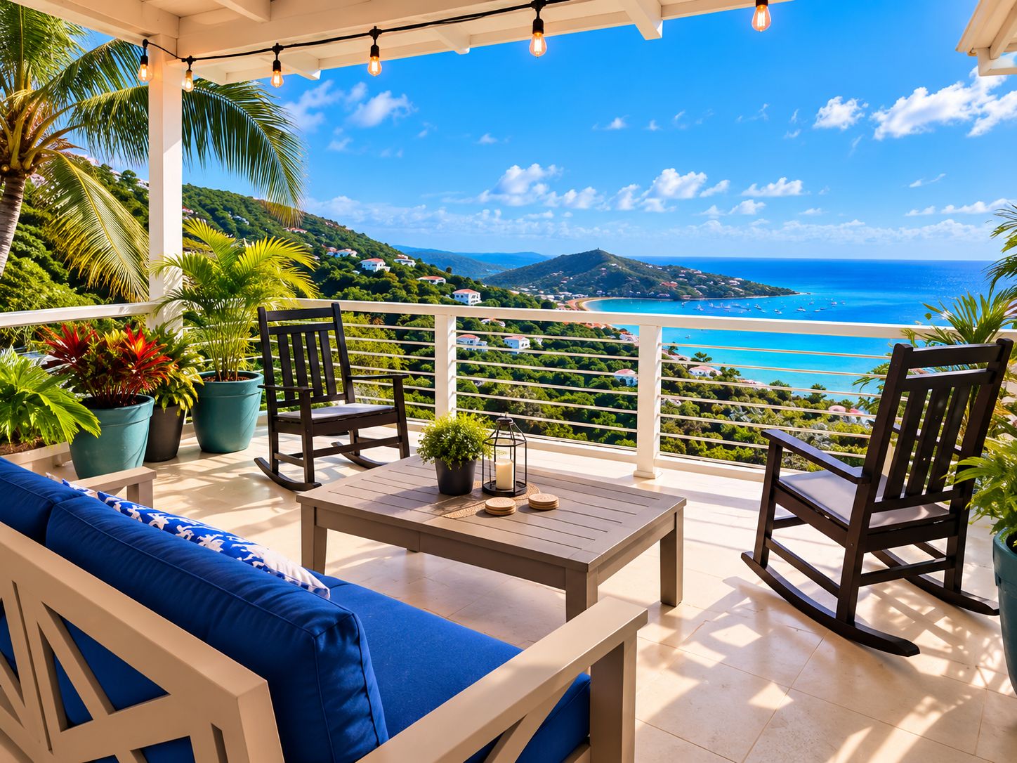 A balcony with a view of a coastal landscape, including a mountain and the sea.