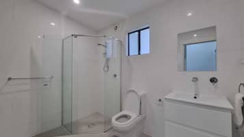 Shower, towels, soap, toilet paper