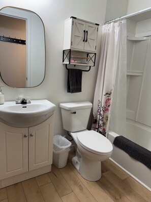 Hair dryer, towels, soap, shampoo