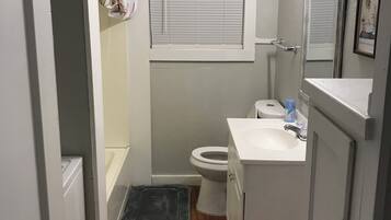 Hair dryer, towels, soap, toilet paper