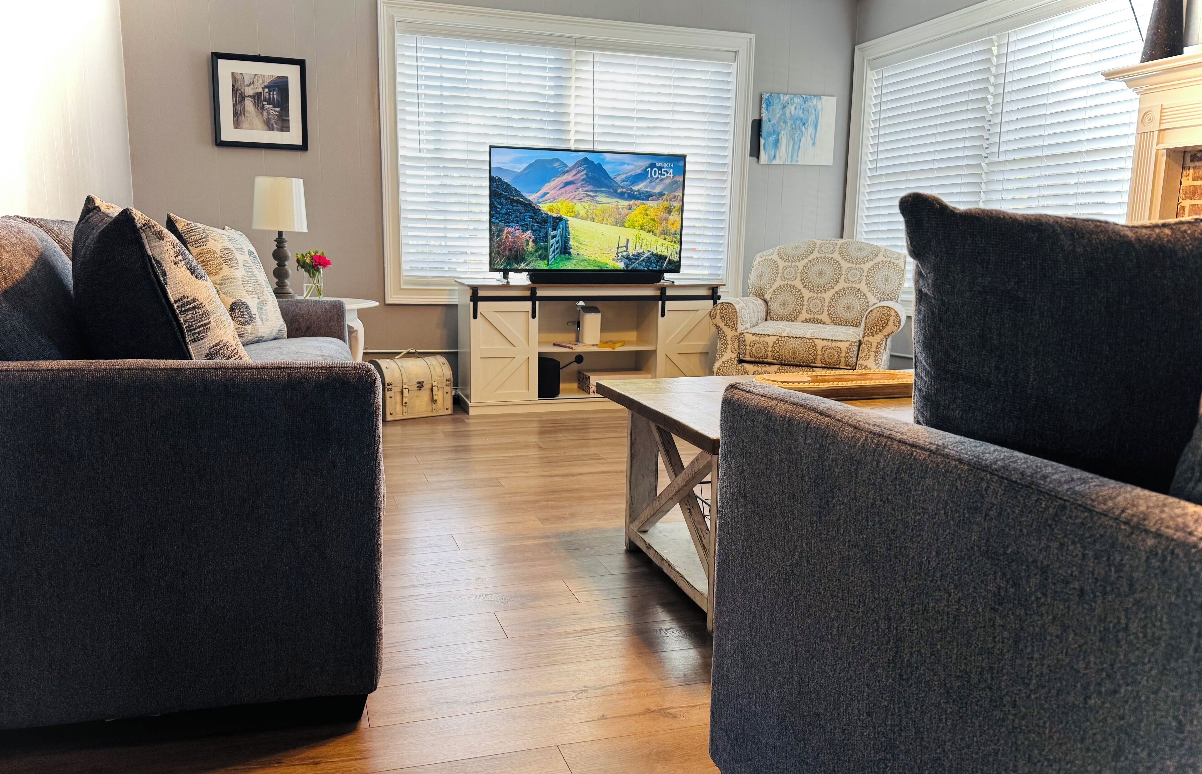 TV connectée, cheminée, livres