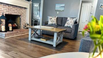 Smart TV, fireplace, books