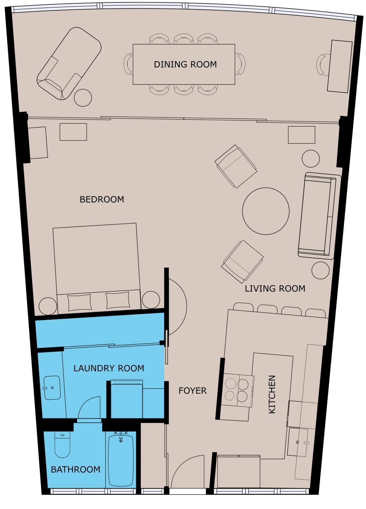 A floor plan with a dining room, bedroom, living room, laundry room, foyer, kitchen, and bathroom.