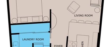 A floor plan with a dining room, bedroom, living room, laundry room, foyer, kitchen, and bathroom.