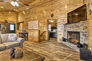 Smart TV, fireplace, books