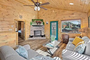 Smart TV, fireplace, books