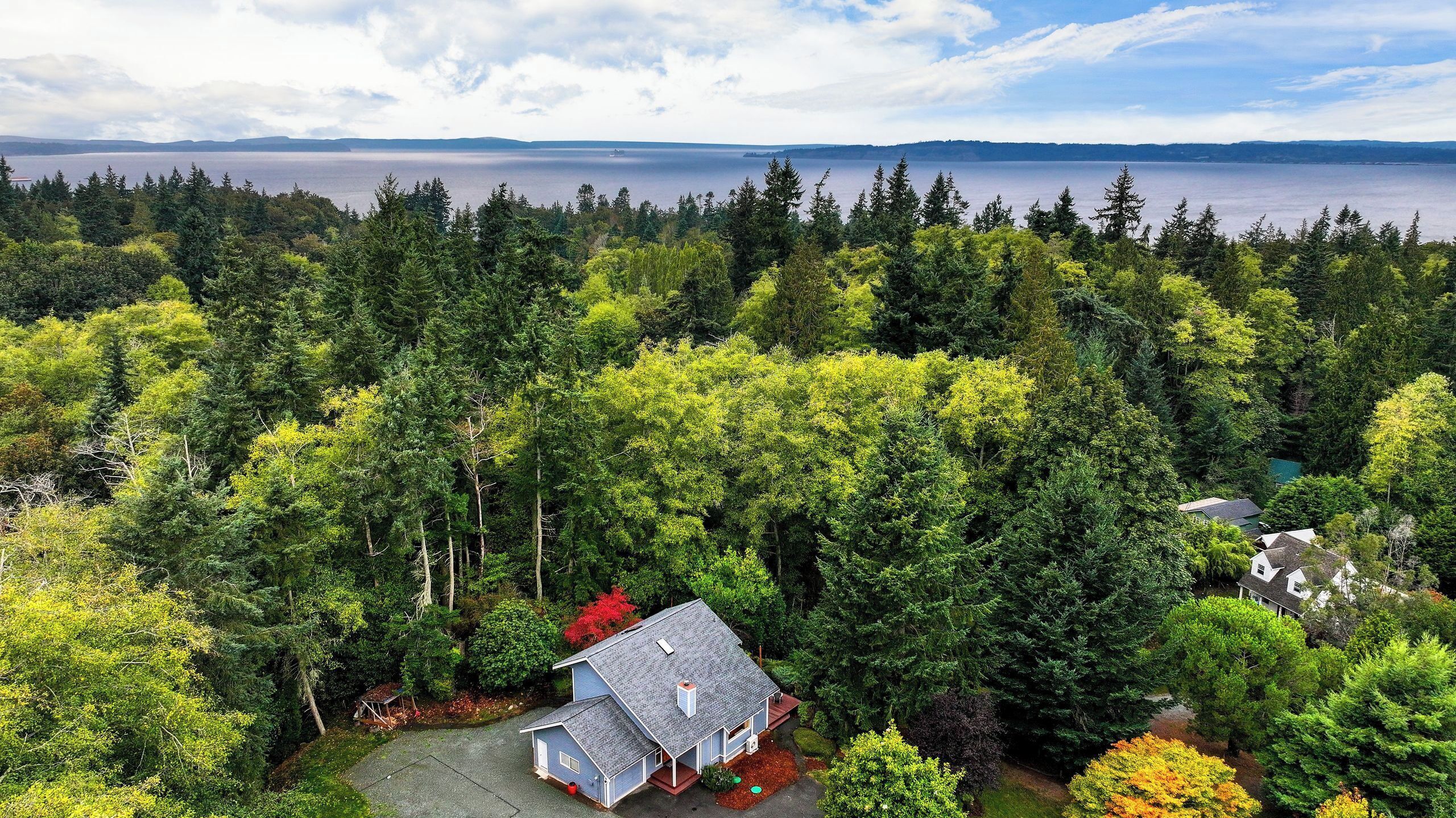 A house surrounded by dense forest with a view of a large body of water.