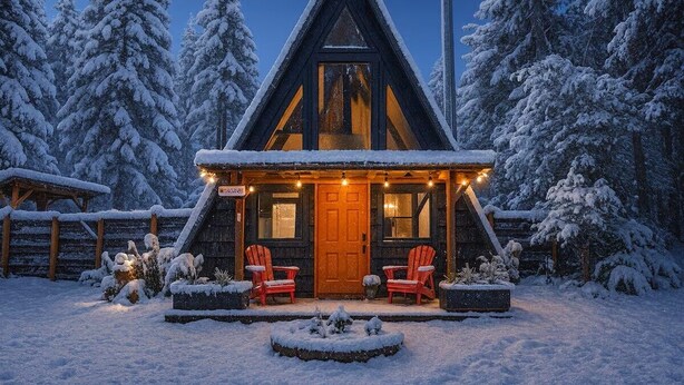 A cabin with a triangular roof, a wooden porch with two chairs, and a snow-covered landscape. - Epic A Frame (Granite Falls)