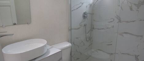 Shower, hair dryer, towels, shampoo