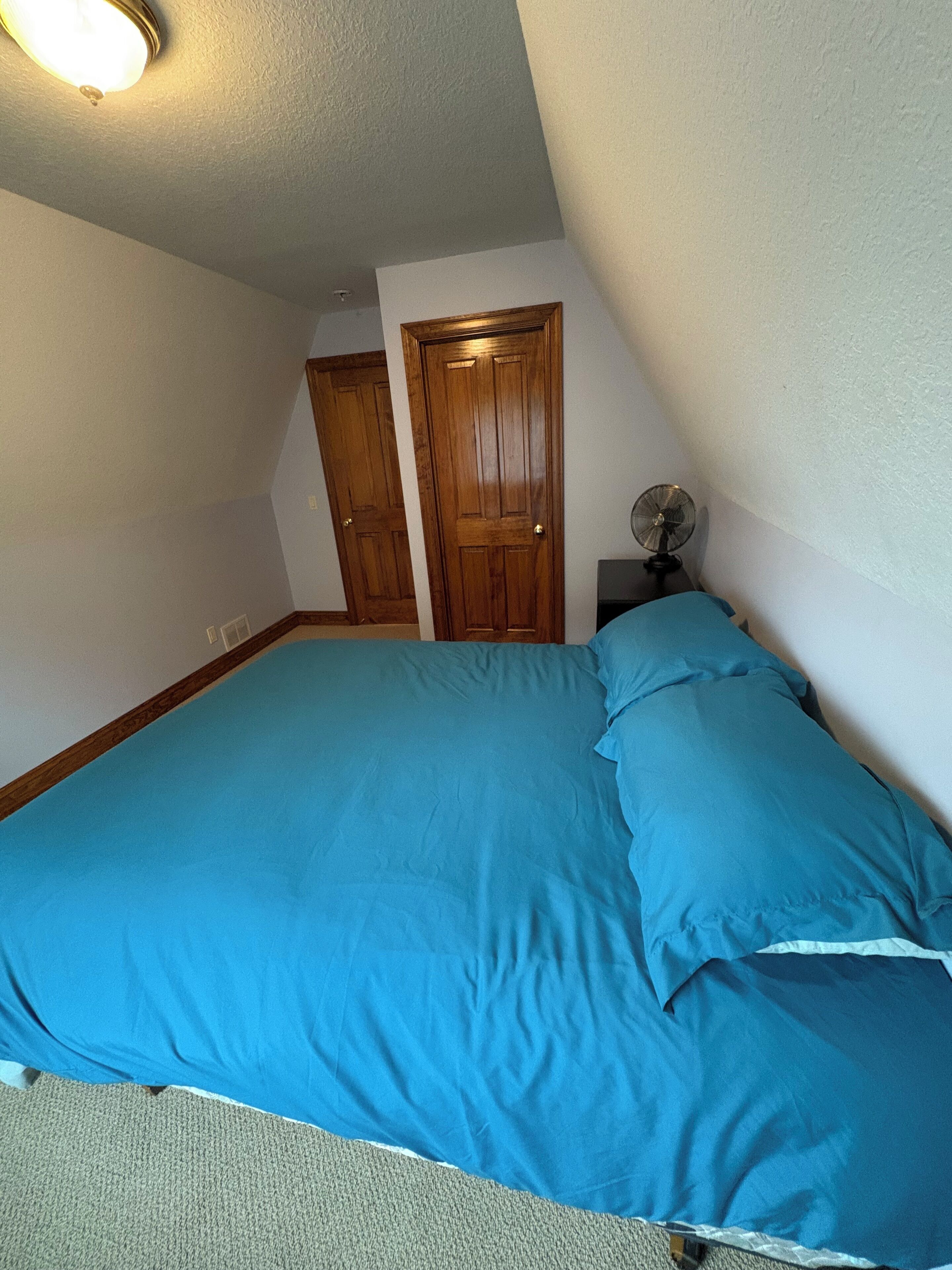 A bedroom with a large bed, a wooden door, and a fan.