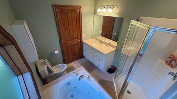 Shower, jetted tub, hair dryer, towels