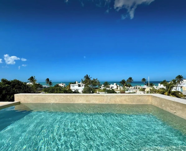 A clear blue pool with a view of the ocean and palm trees.