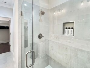 Shower, hair dryer, shampoo