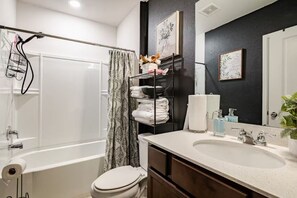 Hair dryer, towels, toilet paper