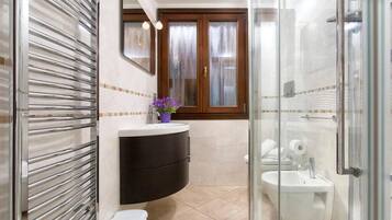 Shower, hair dryer, bidet, towels