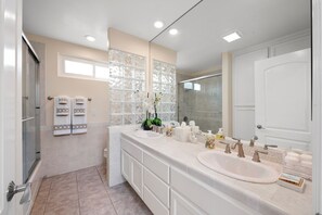 Shower, hair dryer, towels
