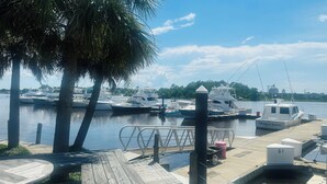 Una marina con varios barcos amarrados, una cubierta de madera y una palmera.