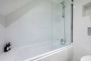 Hair dryer, towels, soap, shampoo