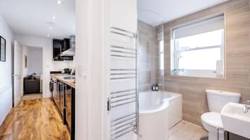 Hair dryer, towels, soap, shampoo