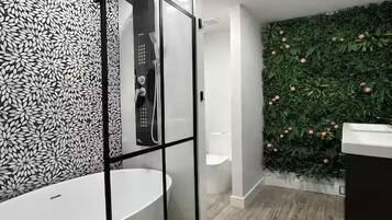 Hair dryer, towels, soap, toilet paper