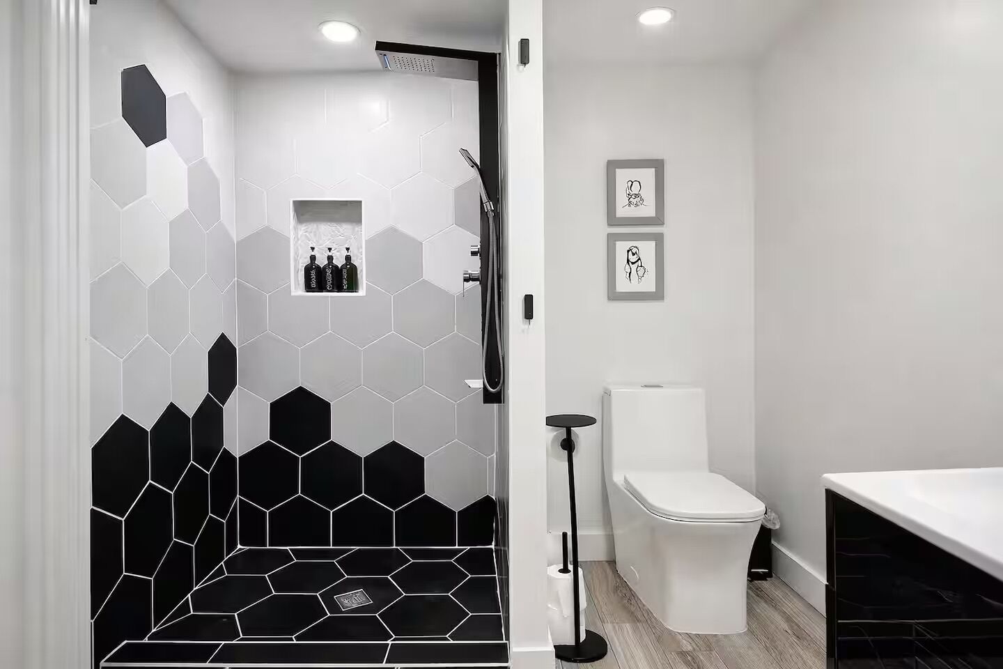 Hair dryer, towels, soap, toilet paper