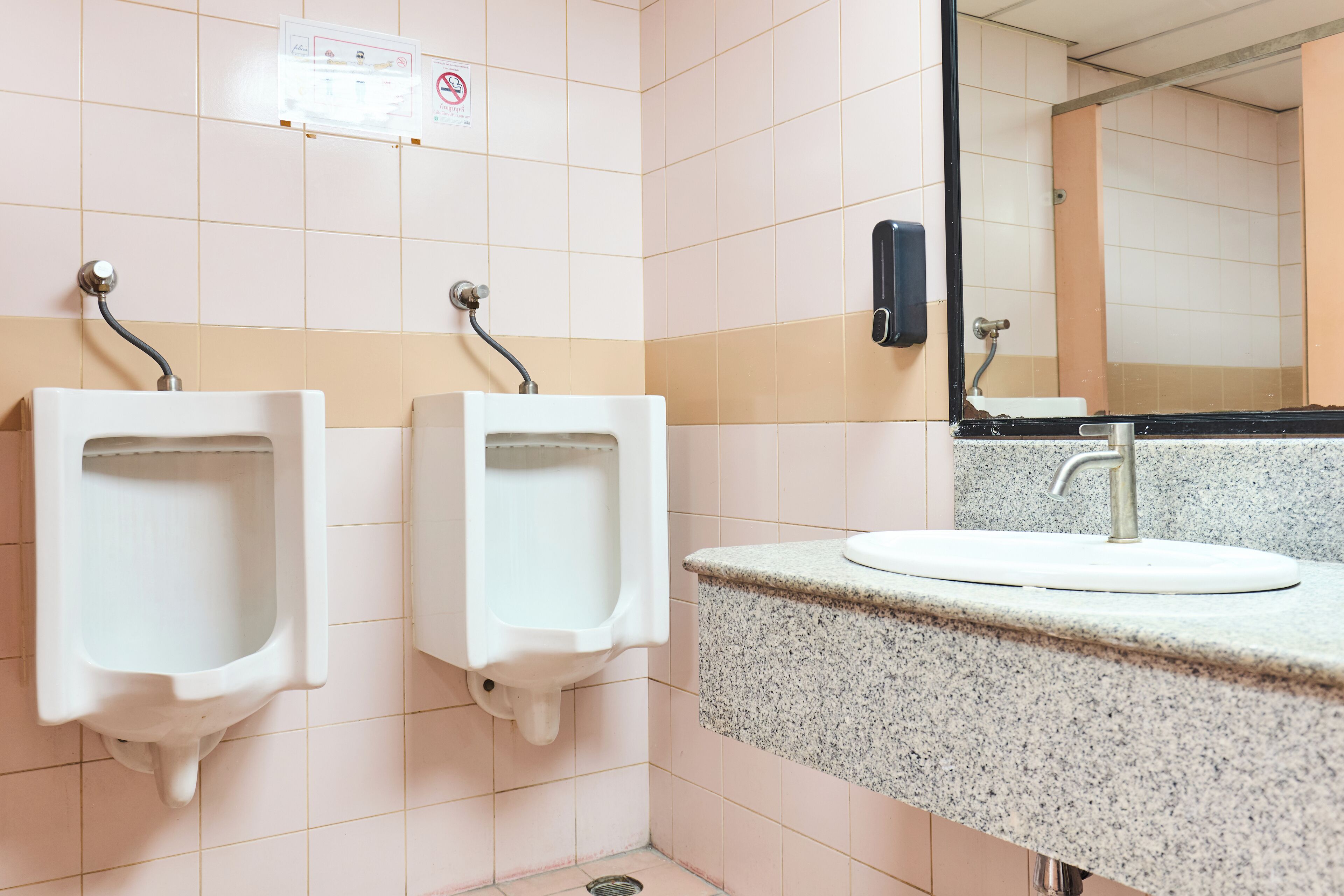 Eine Toilette mit zwei Pissoirs, einem Waschbecken und einem Spiegel.