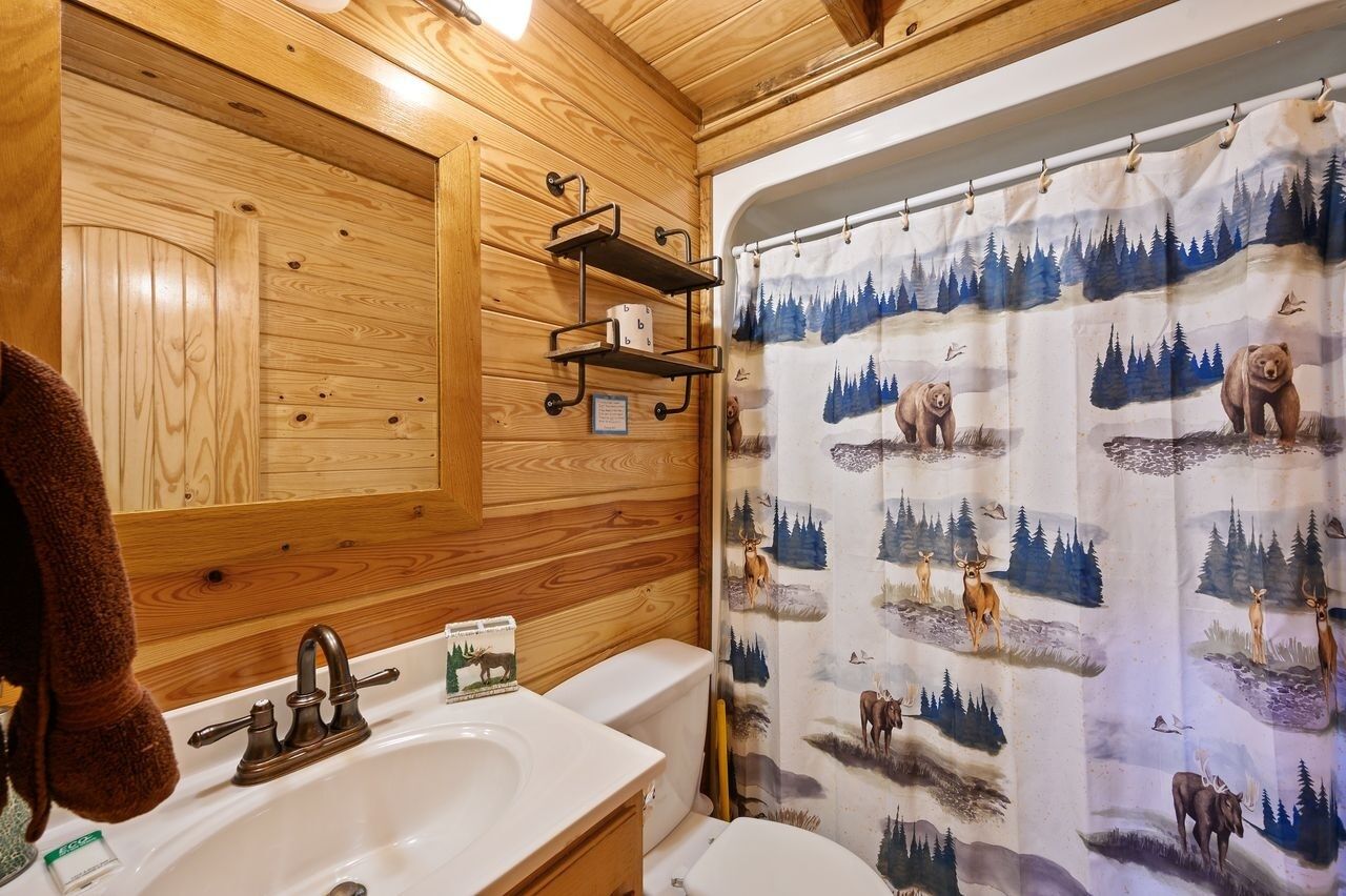 Une salle de bain rustique, aménagée dans une cabane en bois, avec un lavabo, des toilettes et un rideau de douche orné de motifs représentant la faune sauvage.