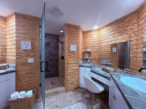 Hair dryer, towels, soap, toilet paper