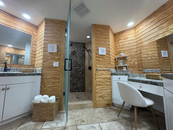Hair dryer, towels, soap, toilet paper