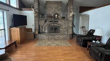 Fireplace, books, video library