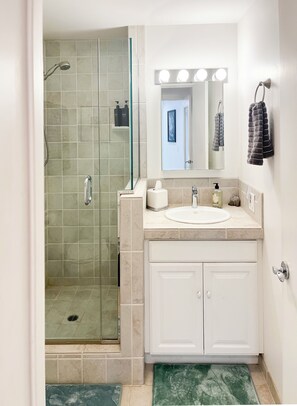 Hair dryer, towels, soap, toilet paper