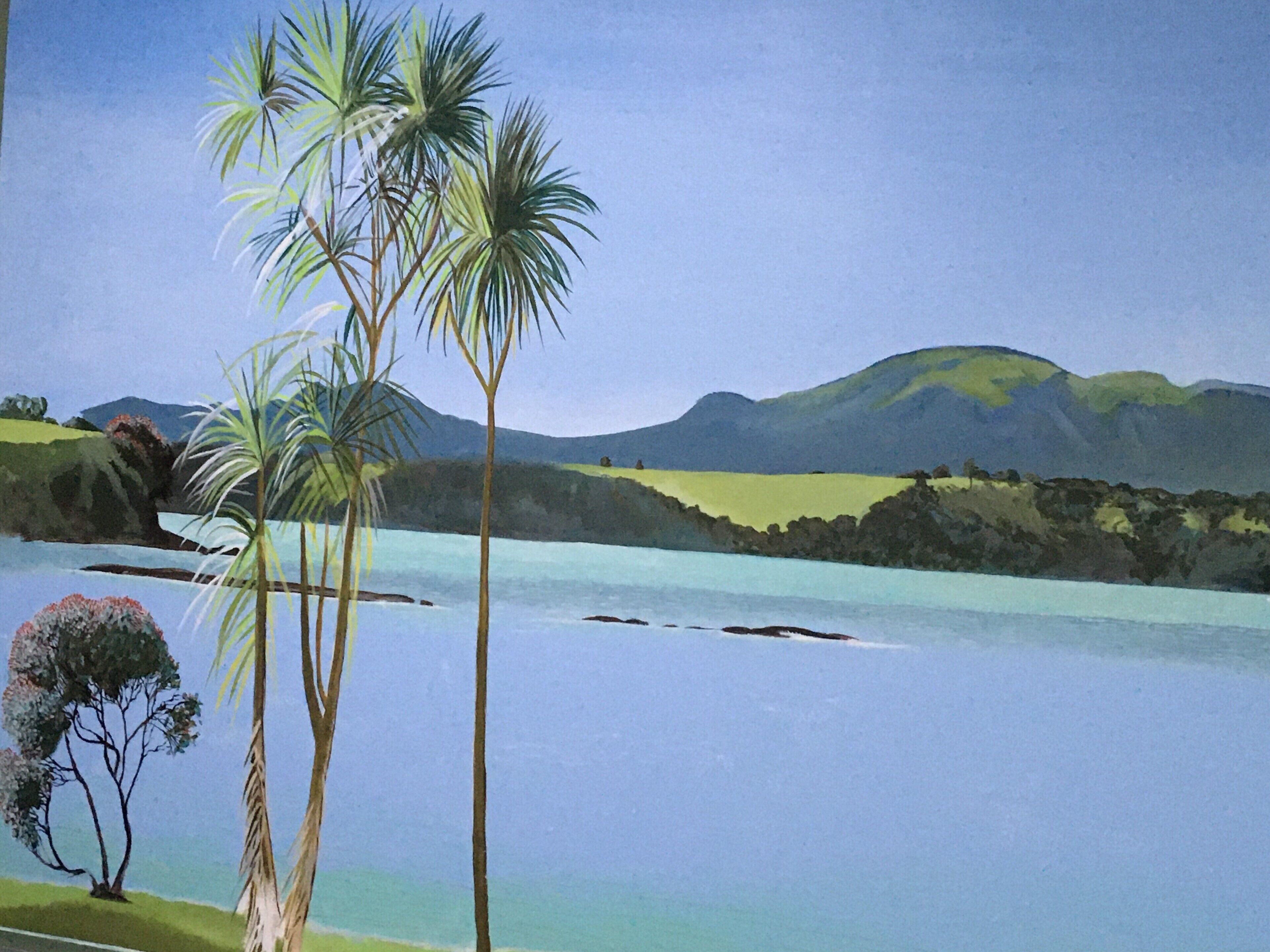 A serene landscape with palm trees, a calm lake, and distant hills.