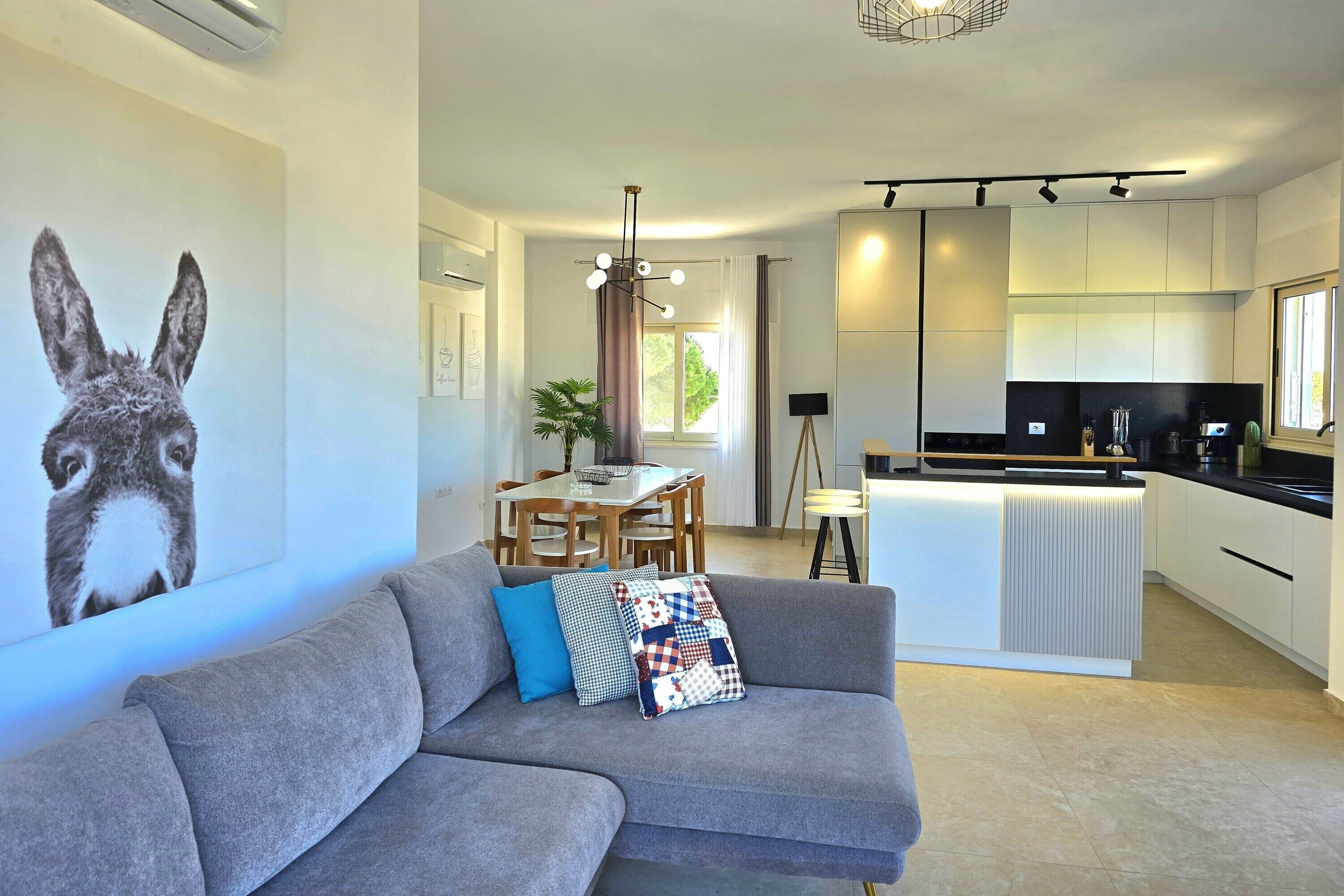 A modern living room with a grey sofa, a dining table, and a kitchen area with white cabinets and a black countertop.