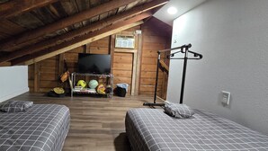 Ein gemütliches Dachzimmer mit zwei Betten, einem Fernseher und einem Regal mit Sportgeräten.