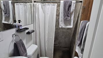 Hair dryer, towels, soap, toilet paper