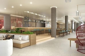 A modern hotel lobby with a reception desk, seating area, and a bar. - Creta Maris Resort (Limenas Chersonisou)