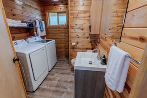 Hair dryer, towels, soap, toilet paper